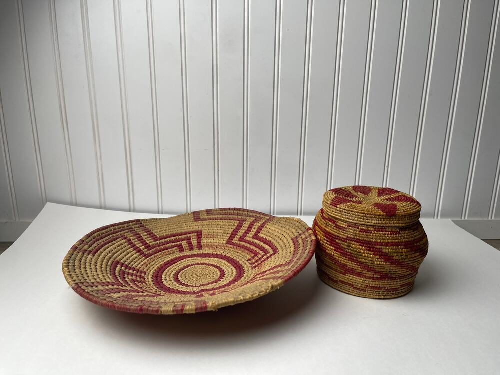 Basket Set Southwestern Style 11" Wall Plaque & Lidded Seed Jar  Coiled Vintage